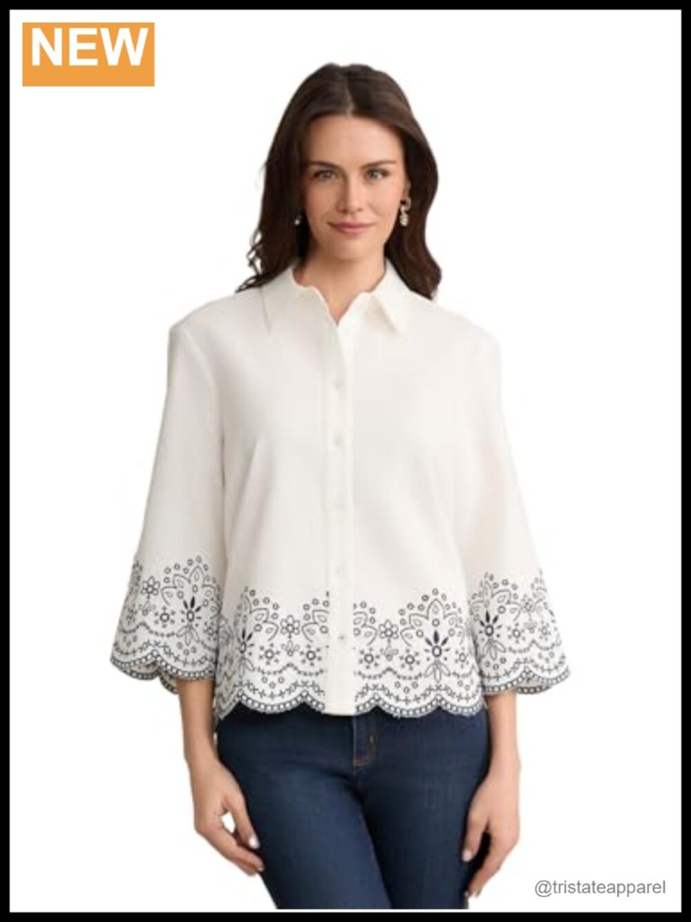 Jones New York Women's Classic Linen Blend Cropped Sleeve Button Embroidered Top